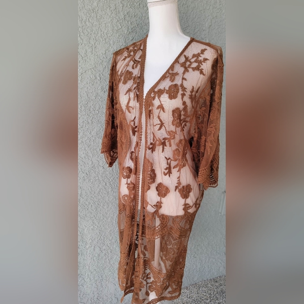 Brown Floral Lace Kimono